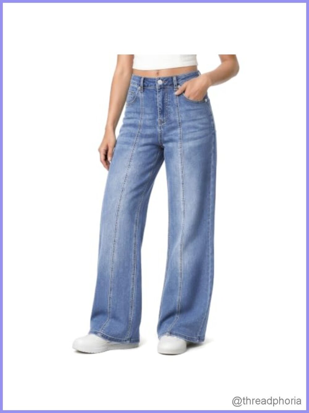 High Waisted Wide Leg Subtle Flare Jeans with Front Seam Detail Stretch